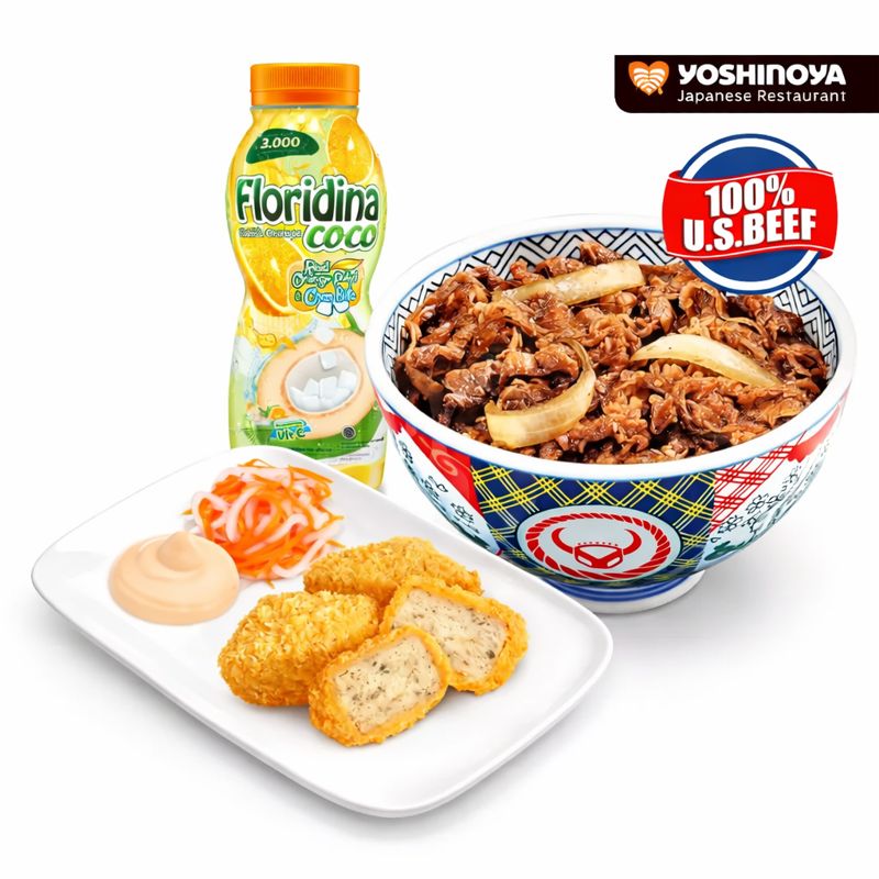 Paket Puas Gorengan Ayam + Beef Bowl (R) + Drink