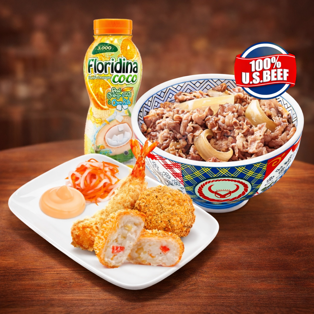 Paket Puas Gorengan Udang + Beef Bowl (R) + Drink